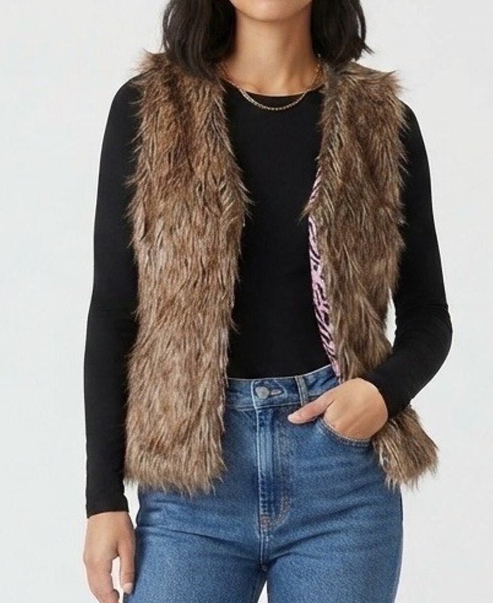 Dollhouse Women's Faux Fur Vest Brown Sleeveless Animal Print Lining Size S Boho